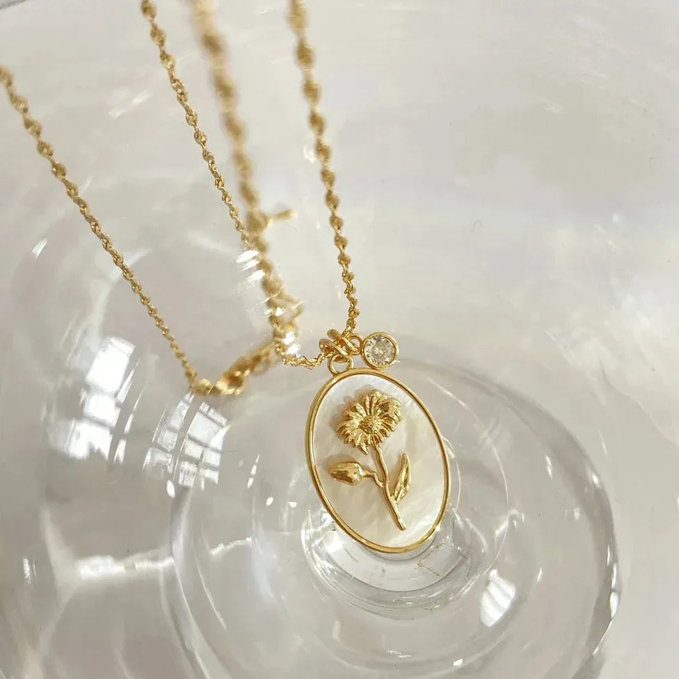 12 Month Birthday Flower Pendant Necklace Stainless Steel White Shell Choker Jewelry