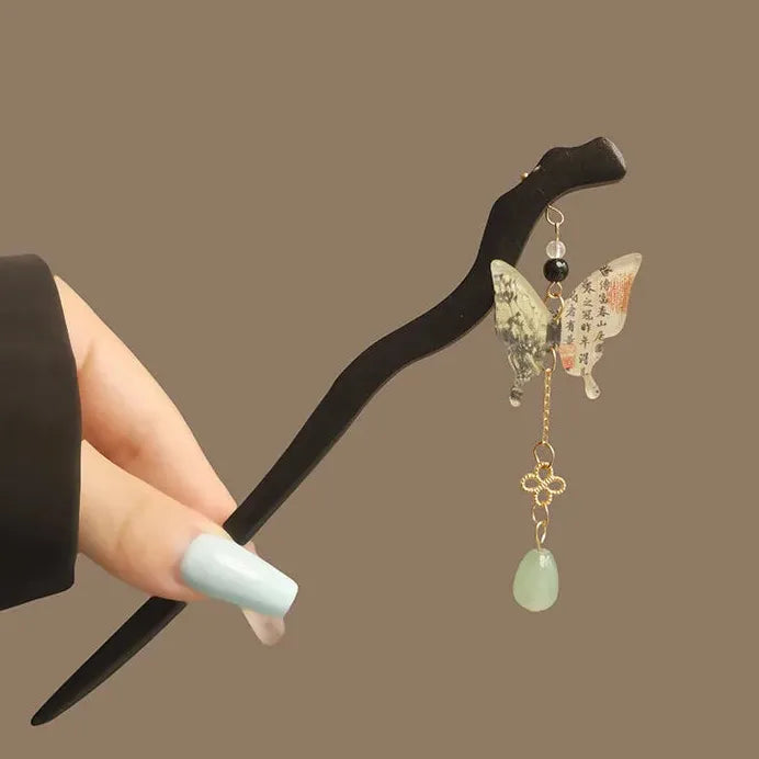 Elegant Wooden Hair Sticks for Women Chinese Style Floral Tassel Vintage Fork