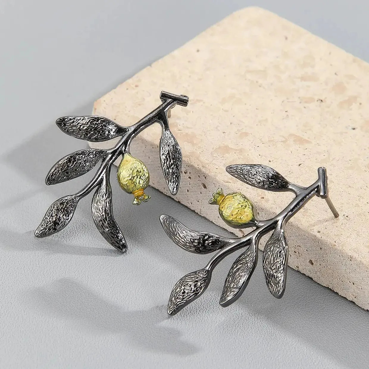 Elegant Blooming Flower Silver Color Pomegranate Fruit Leaves Branch Dangle Earrings for Women Zinc Alloy