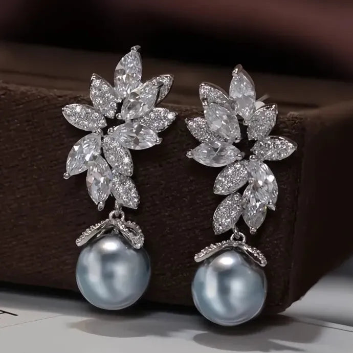Multi-Colored Imitation Pearl Leaf Dangle Earrings with CZ Brass Alloy