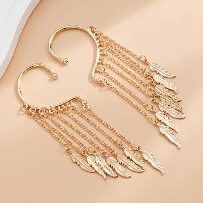 Metal Leaf Multi-Layer Tassel Zinc Alloy Clip-On Ear Wrap Cuff Earrings