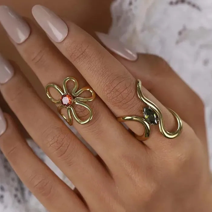 Stainless Steel Women’s Irregular Flower Ring Green Zircon Trendy Jewelry 2026