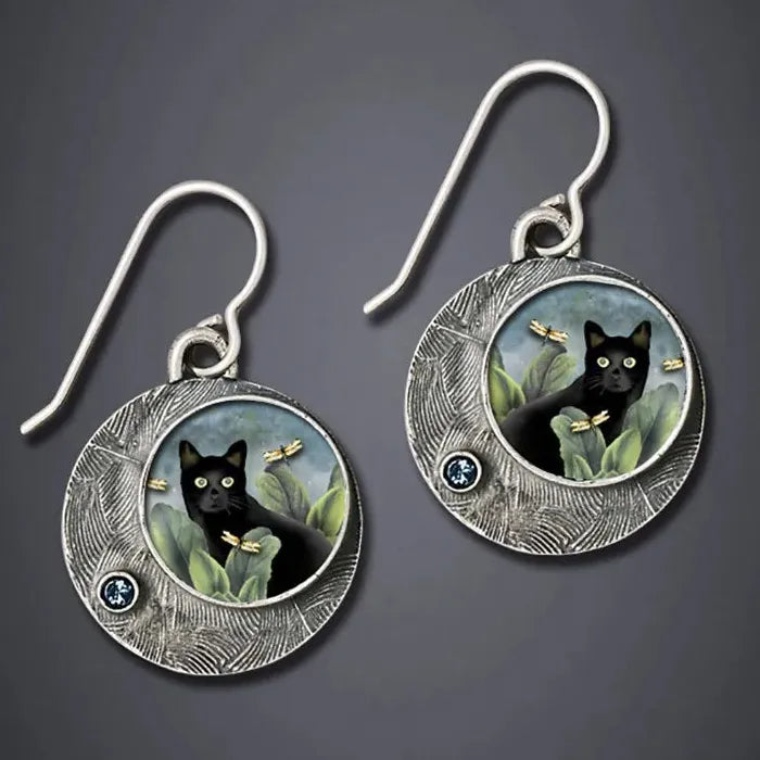 Vintage Round Black Cat Drop Earrings for Women Zinc Alloy Green Leaf Dangle