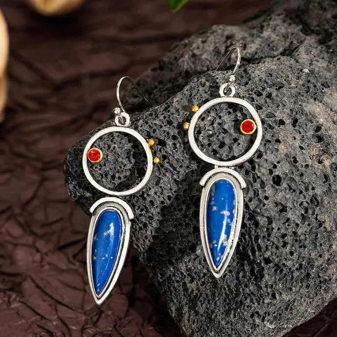 Vintage Geometric Lapis Natural Stone Drop Earrings Bohemian Zinc Alloy