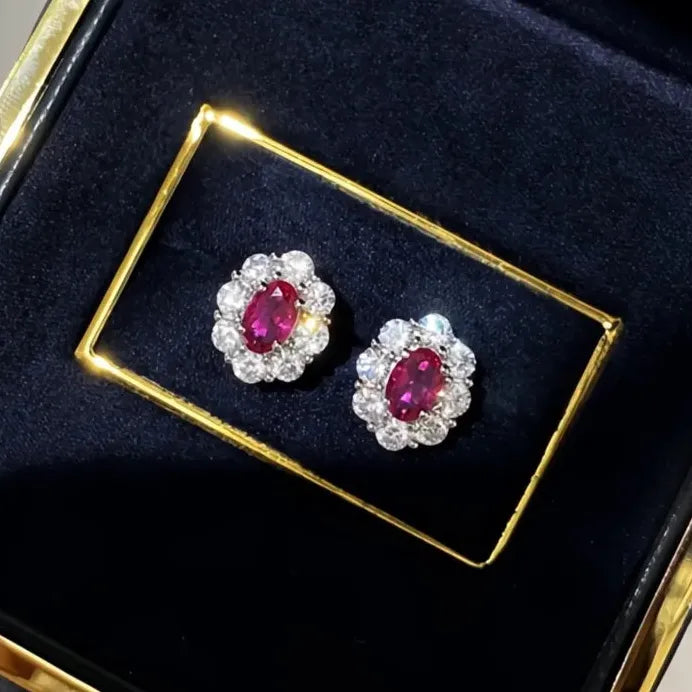 Elegant Red Oval Cubic Zirconia Geometric Stud Earrings for Women