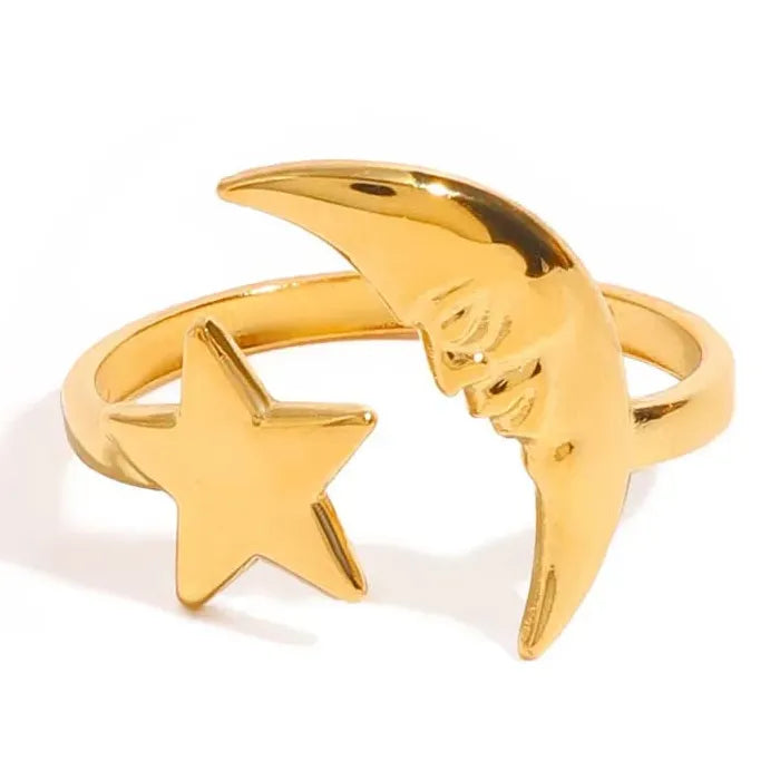 Adjustable Stainless Steel Moon Star Ring for Women Celestial Gift