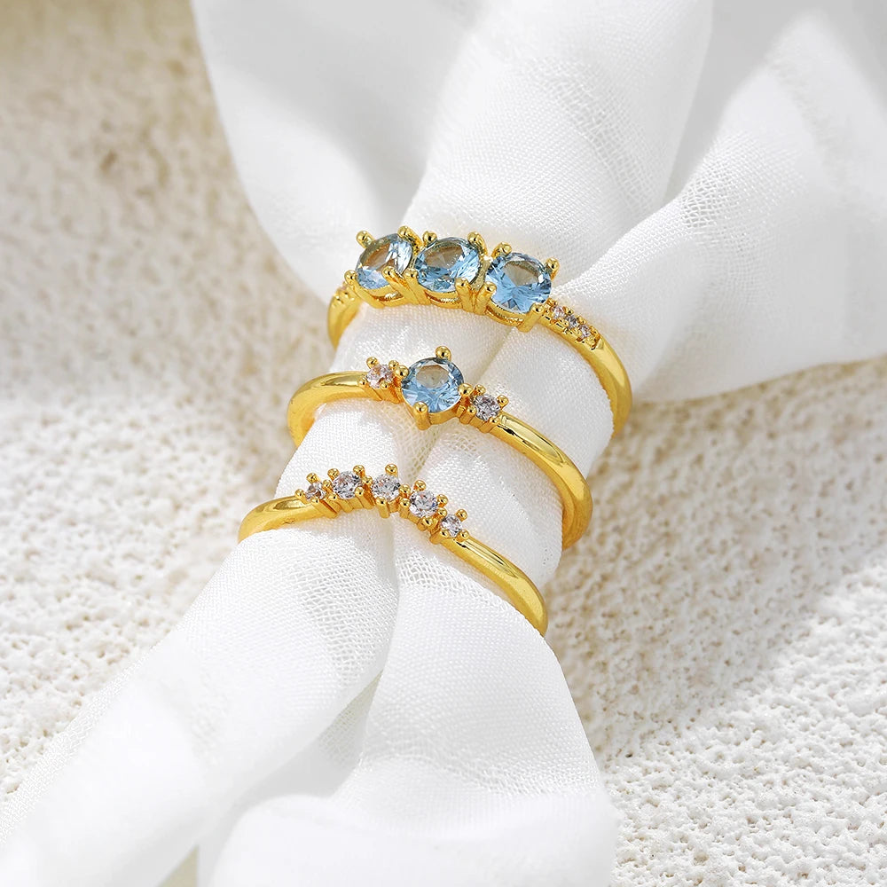 3 Pair Gold Plated Blue Crystal Zircon Rings Bride Wedding Jewelry Accessories