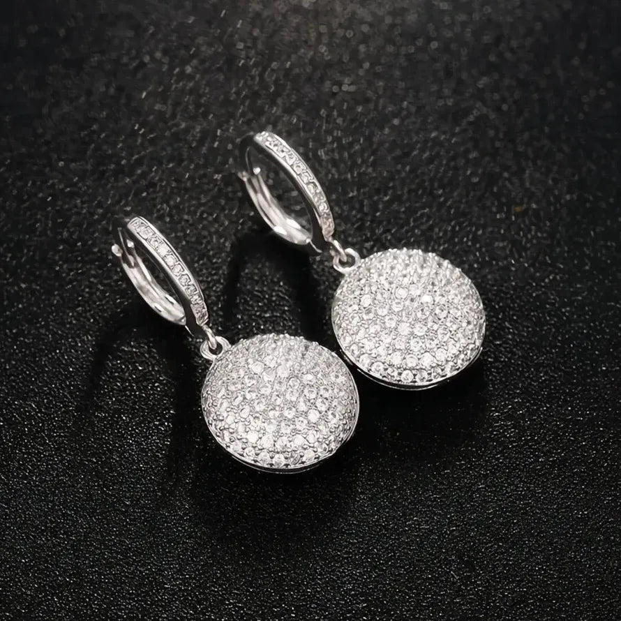 Silver CZ Round Geometric Pendant Dangle Earrings Luxury Bride Jewelry Copper Alloy