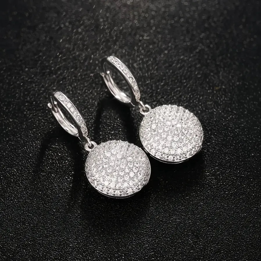 Full Paved CZ Round Dangle Pendant Earrings Silver Wedding Jewelry