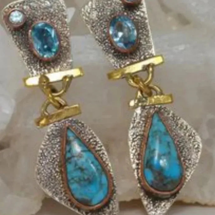 Vintage Blue Rhinestone Green Stone Tribal Zinc Alloy Drop Earrings for Women