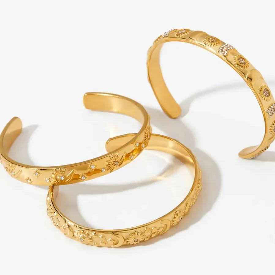 18K Gold Plated Stainless Steel Sun Moon Star Bangle Bracelet Waterproof Charm Jewelry