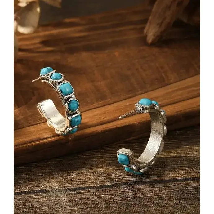 Retro Women's Geometric Turquoise C-Shaped Hoop Earrings Zinc Alloy Jewelry