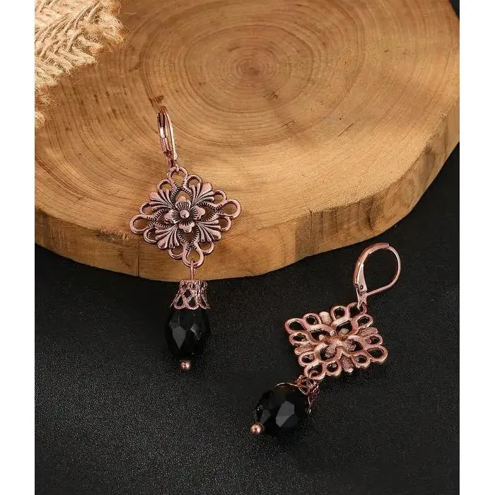 Vintage Silver Zinc Alloy Black Stone Geometric Hollow Flower Earrings for Women