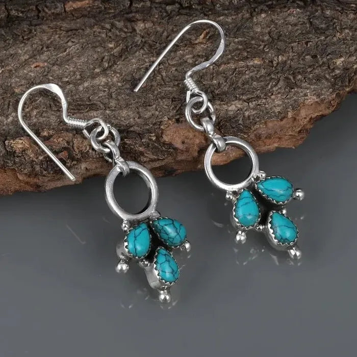 Retro Clover Turquoise Pendant Drop Earrings for Women Zinc Alloy Jewelry