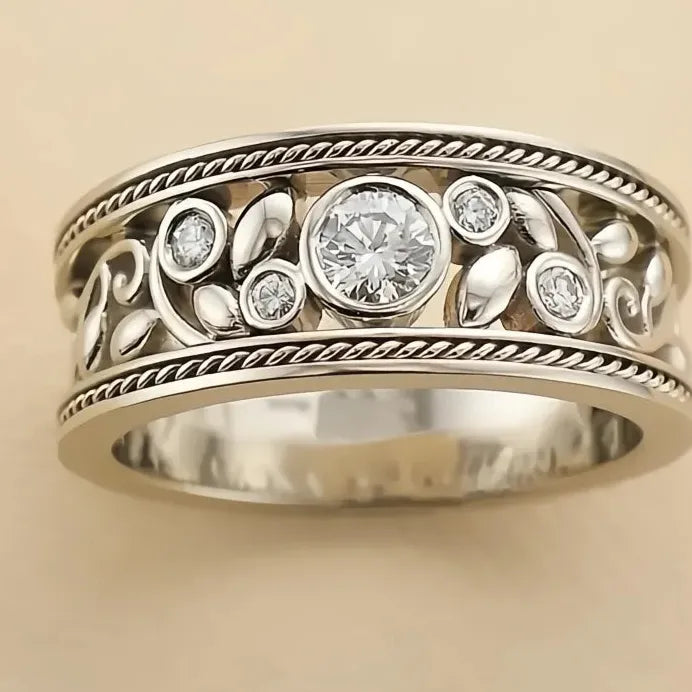 Silver Tone Cubic Zirconia Geometric Leaf Design Ring for Women Party