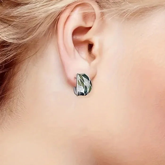 Elegant Leaf Print Drop Earrings with Zircon Silver Bohemian Jewelry for Women