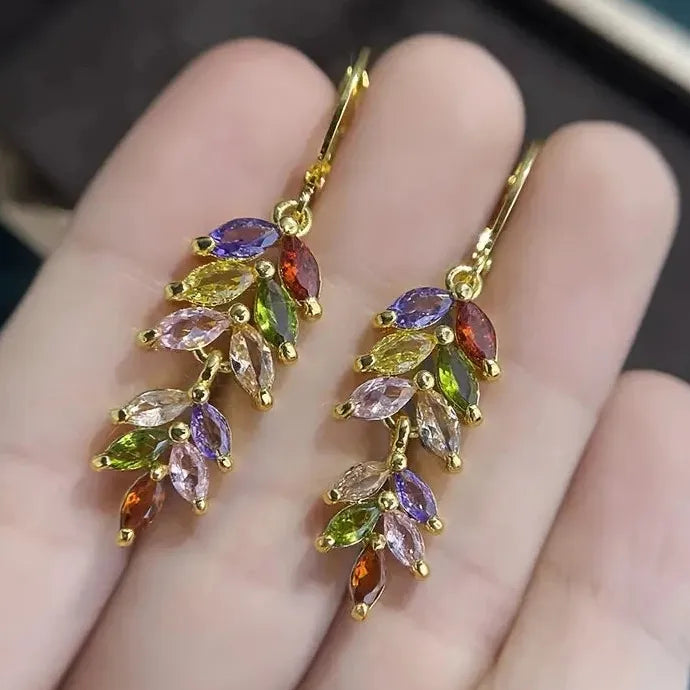 Leaf Flower Design Long Drop Earrings for Women Cubic Zirconia Wedding Jewelry
