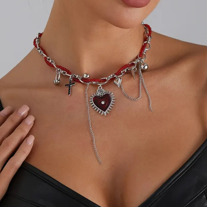 Zinc Alloy Red Beaded Heart Cross Rivet Pendant Necklace Gift