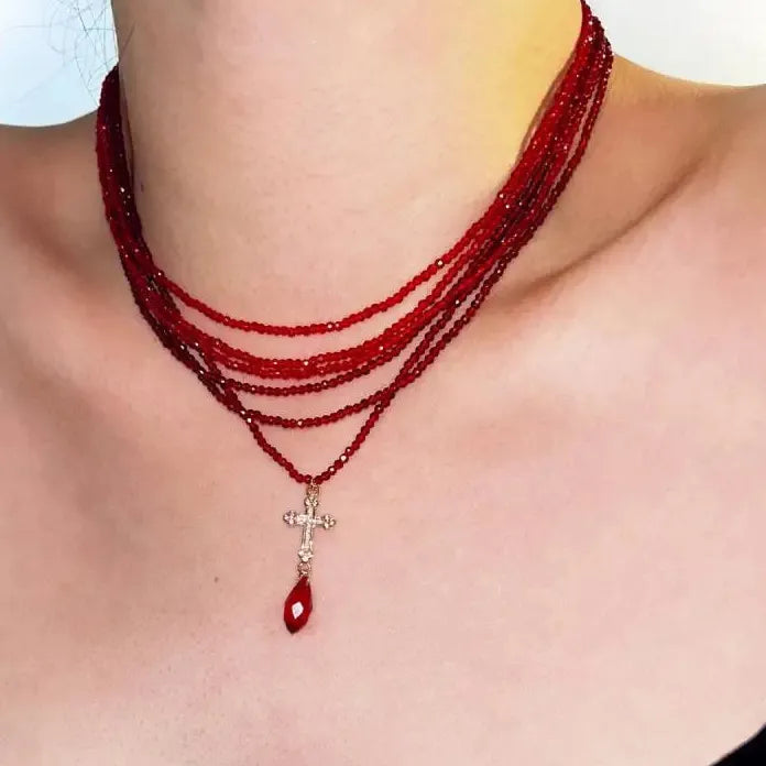 Punk Gothic Red Rhinestone Cross Crystal Pendant Choker Necklace Women