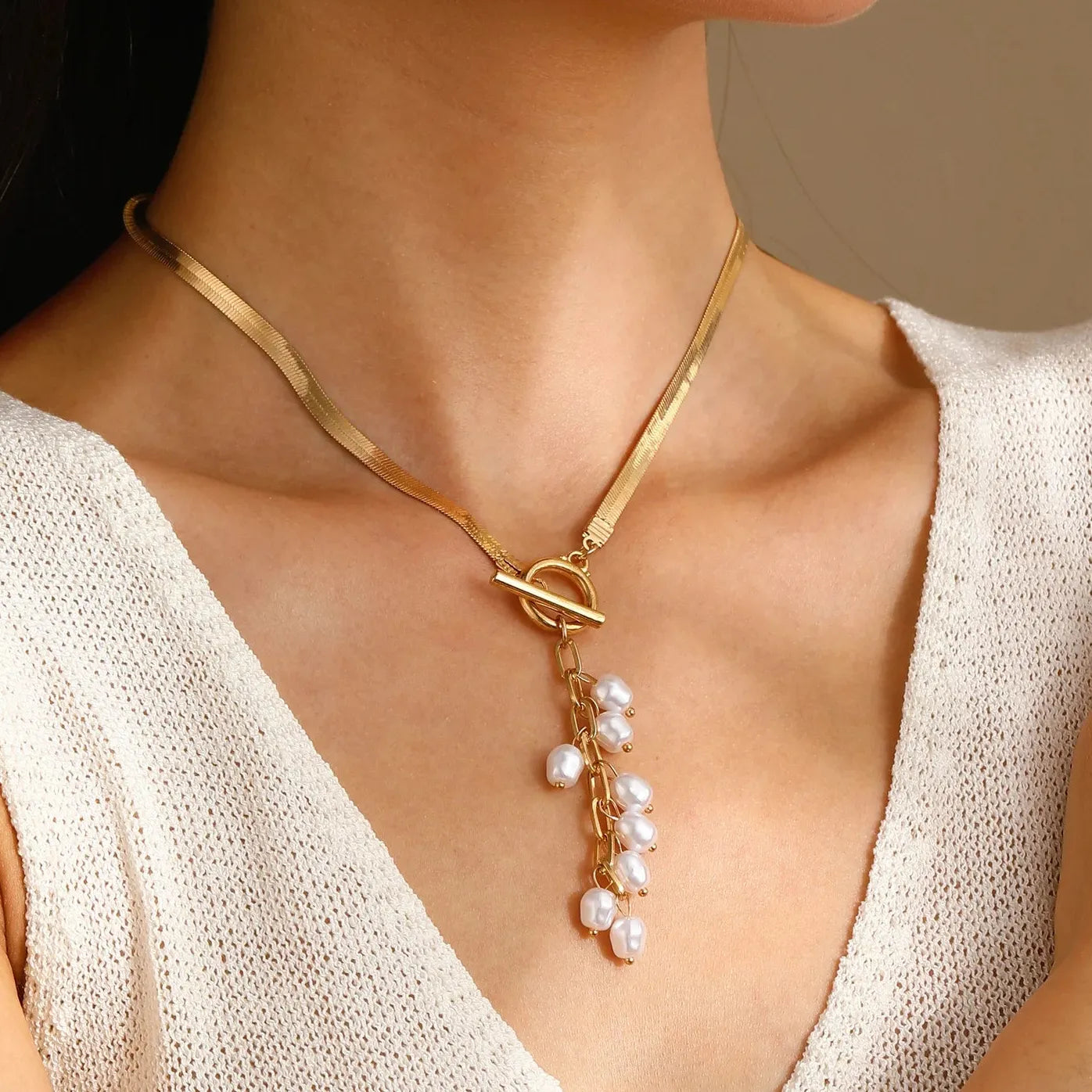 Stainless Steel Snake Bone Necklace Long Tassel Pearl Jewelry Gift
