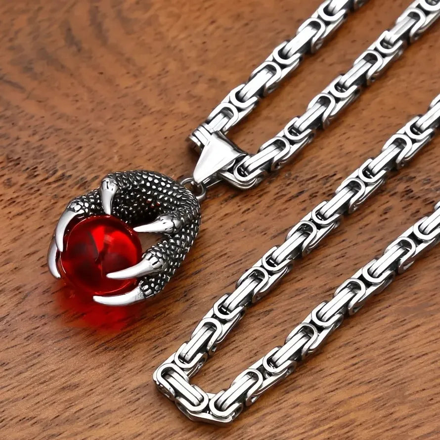 Viking Dragon Claw Necklace Red Bead Pendant Stainless Steel Men Gift