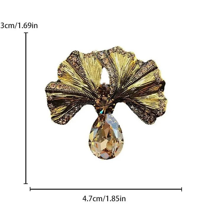 Vintage Floral Ginkgo Biloba Rhinestone Brooch Pin for Women Elegant Style