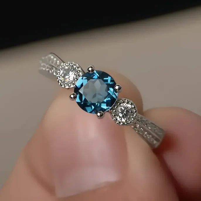 Women’s Luxury Brass Wedding Ring with Round Blue Cubic Zirconia