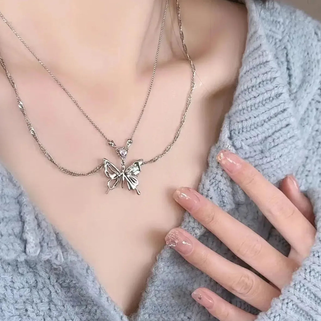 Vintage Y2K Butterfly Pendant Necklace Zinc Alloy Double Chain for Women