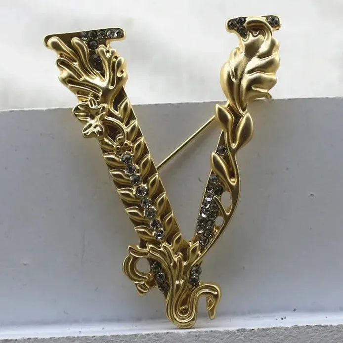Wheat Pattern V-Shaped Geometric Crystal Rhinestone Brooch for Women
