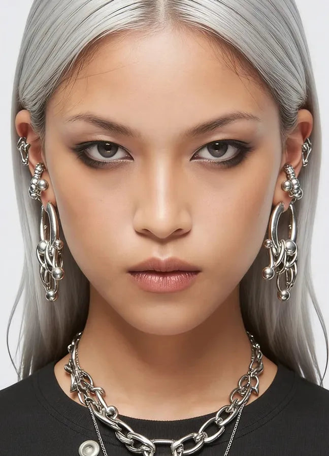 Copper Neo-Gothic Unisex Statement Earrings Bold Curved Beaded Metal Jewelry