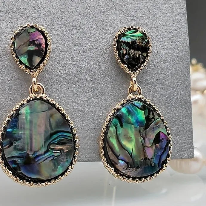 Retro Gold Inlaid Abalone Shell Earrings Natural Stone Drop Jewelry for Women