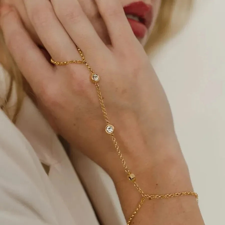 Golden Stainless Steel Zircon Finger Ring Chain Bracelet Women Trendy Waterproof Jewelry
