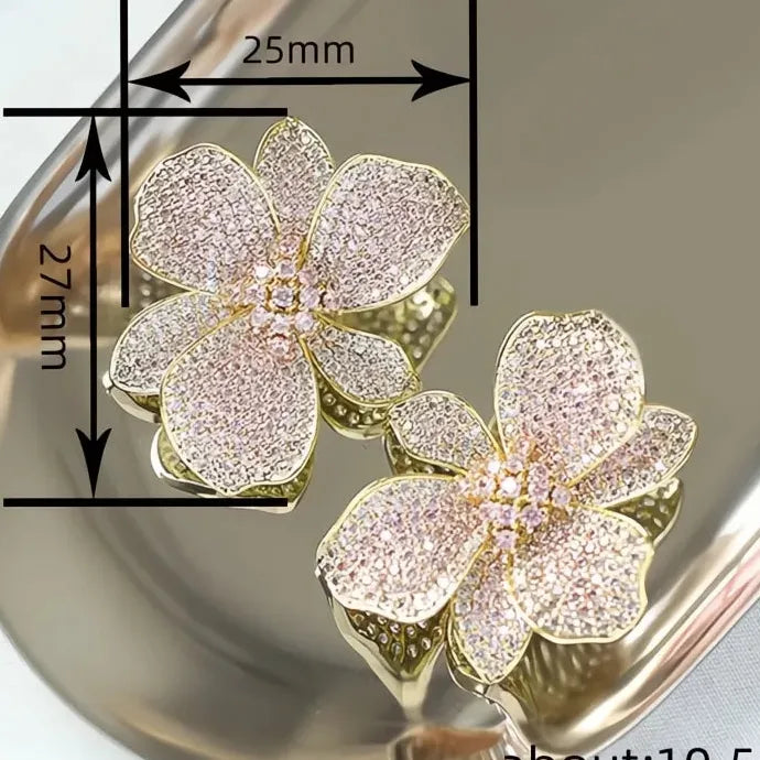 Elegant Flower Design Copper Alloy Stud Earrings with Pink White CZ for Women