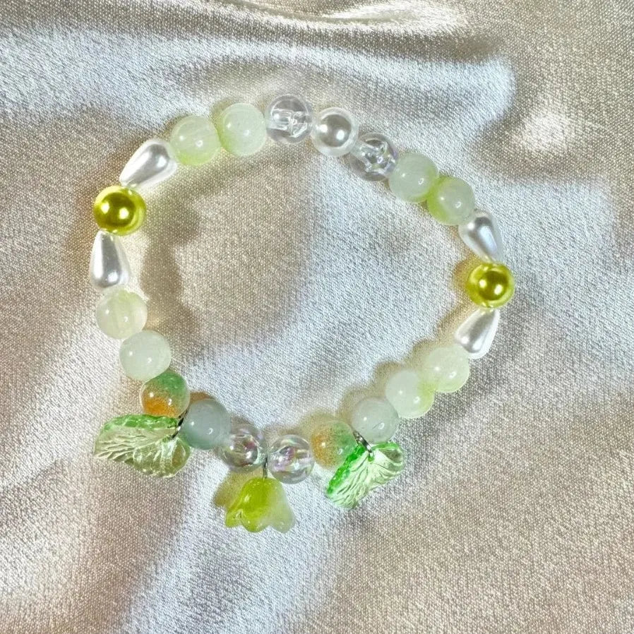 Handmade Fashion Colored Glass Flower Bracelet for Women Elastic Beaded Pearl Jewelry