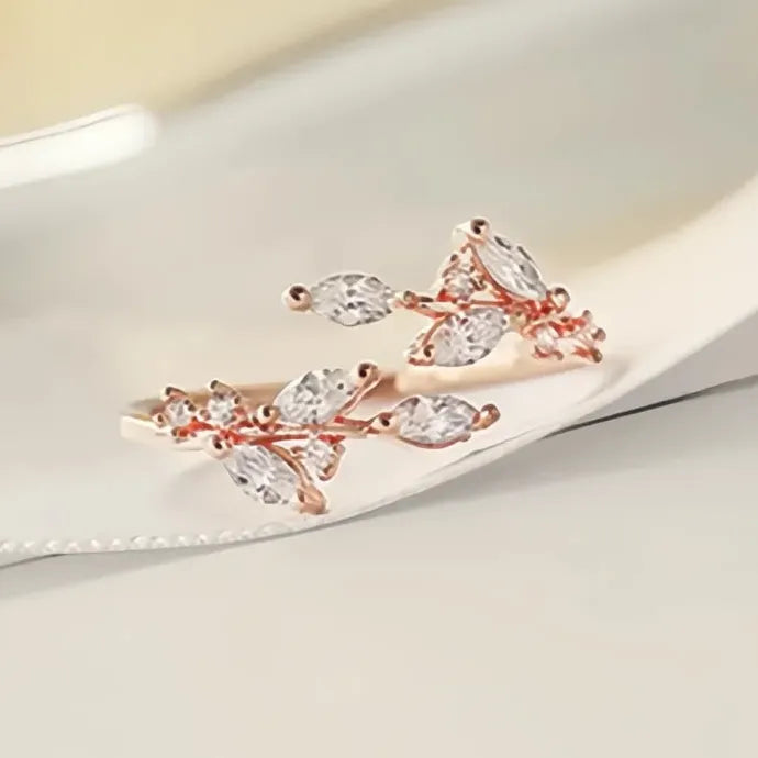 Women’s Wedding Ring Branch Leaves Opening 3 Metal Colors Brass CZ Band