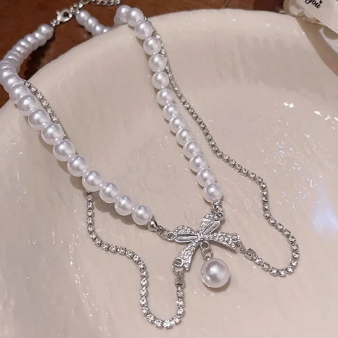 Pearl Bow Pendant Necklace Y2K Zircon Beads Tassel Double Clavicle Choker Gift