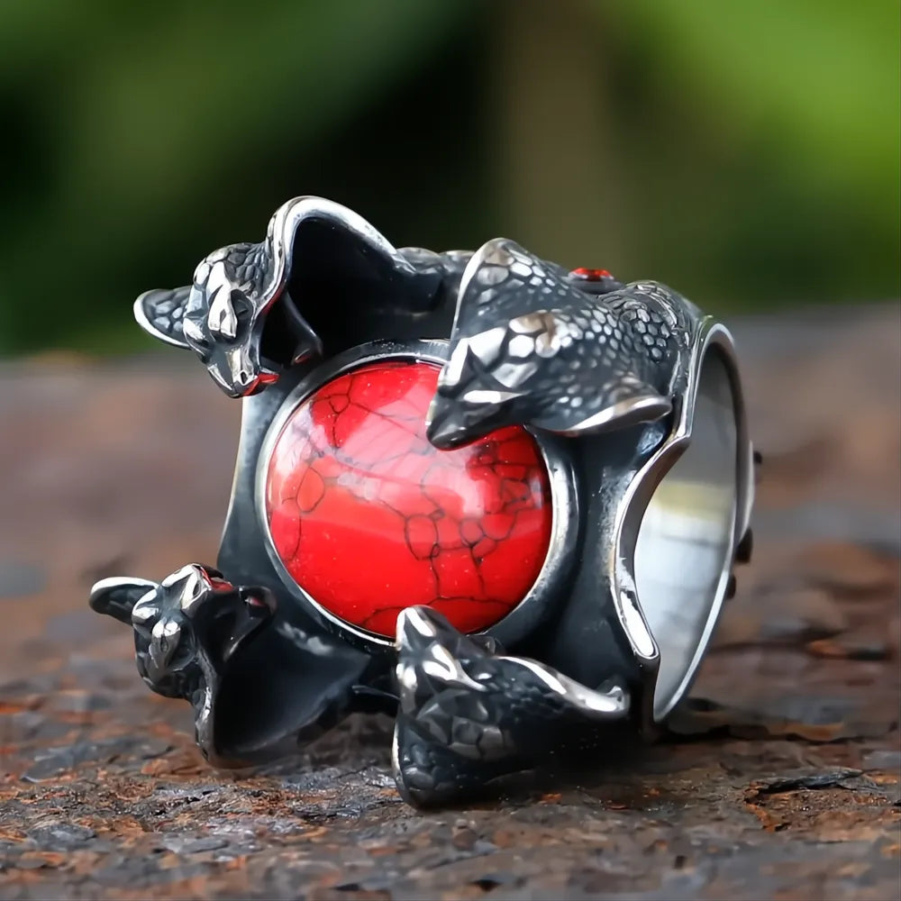 Four Snake Heads Ring 316L Stainless Steel – Red Zircon Punk Biker Ring