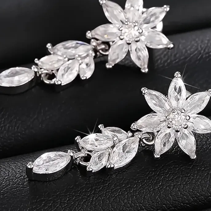 Copper Geometric Flower Drop Earrings with Cubic Zirconia for Wedding Jewelry