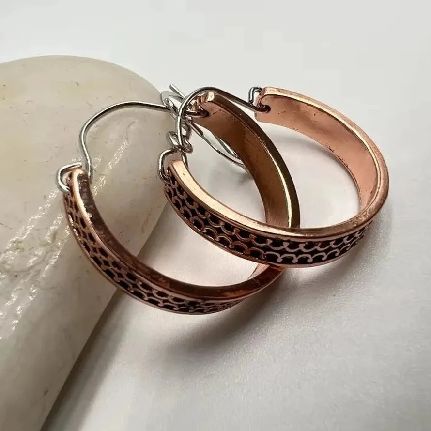 Vintage Half Round Hand Carved Zinc Alloy Earrings for Women, Red Copper Hook