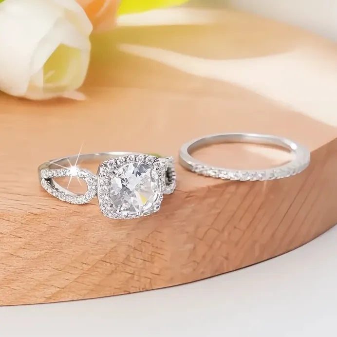 Brass Cubic Zirconia Wedding Band Set Delicate Promise Rings