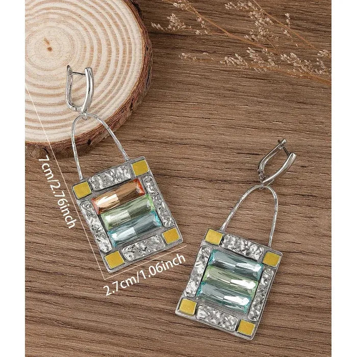 Vintage Inlaid Green Blue Zircon Drop Earrings for Women Zinc Alloy Jewelry