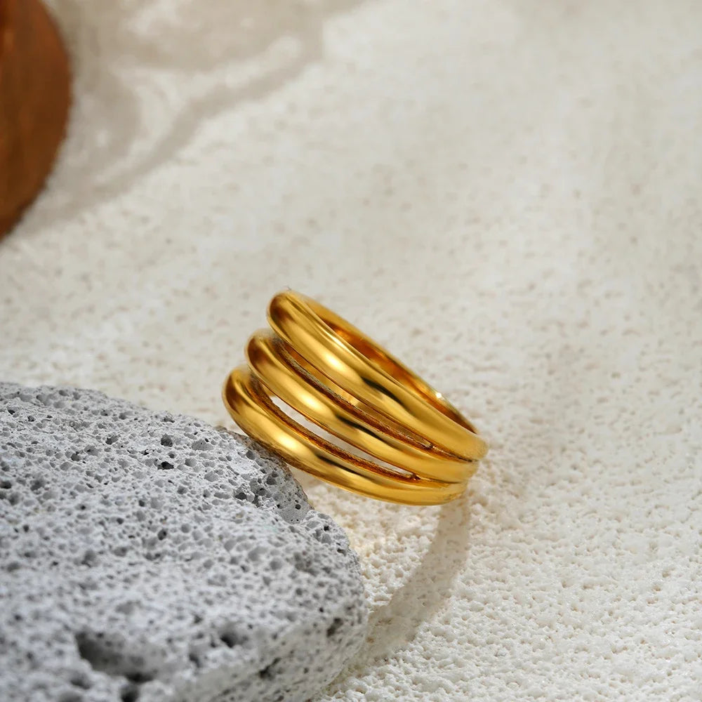 18K Gold Plated Stainless Steel Three Layer Circle Knuckle Ring for Women
