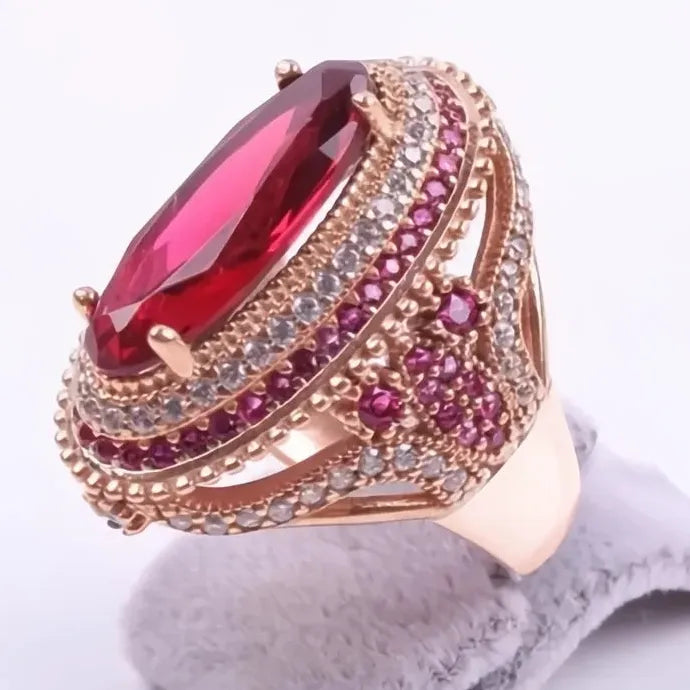 Women’s Red Oval CZ Brass Ring Geometric Cocktail Wedding Anniversary Gift