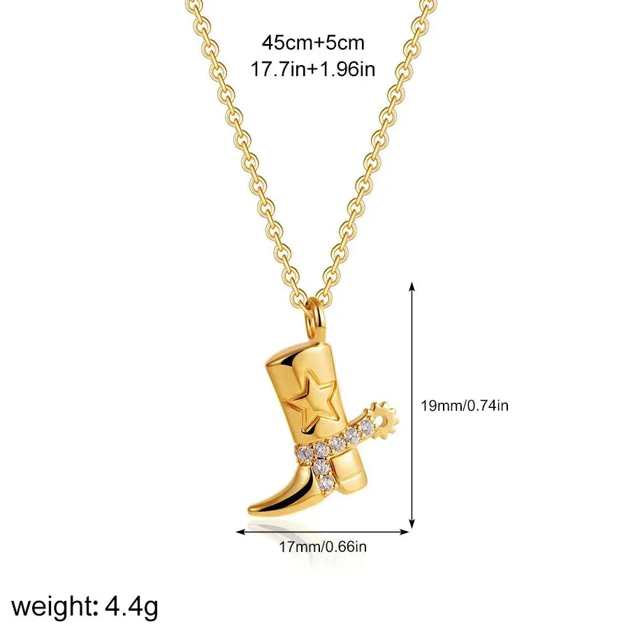 Stainless Steel Waterproof Cowboy Boot Choker Necklace Gold Rhinestone Star Pendant Jewelry