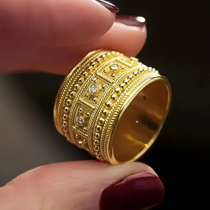 Luxury Geometric Wide Band Cubic Zirconia Gold Wedding Ring for Women