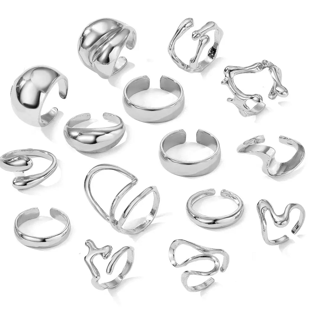 15Pcs Metal Water Droplet Rings Punk Retro Boho Jewelry Gift Set