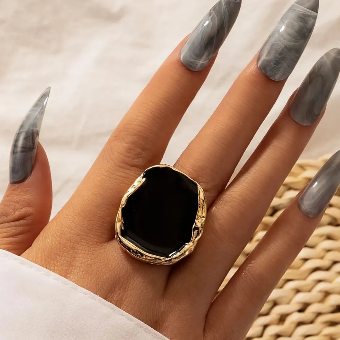 Bohemian Gothic Stainless Steel Large Black Stone Statement Ring for Women