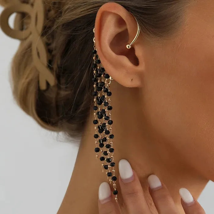 Vintage Black Crystal Tassel Zinc Alloy Clip-On Ear Hook Earrings Gift