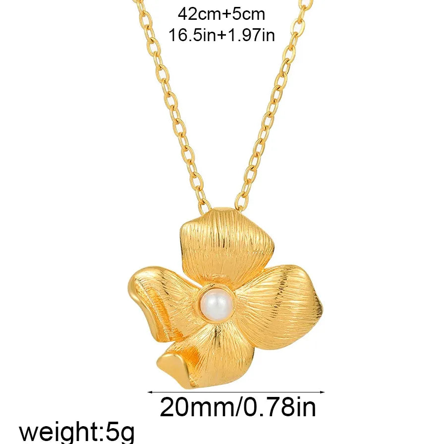 Delicate Twist Petal Pearl Necklace Gold Plated Textured Flower Jewelry Women