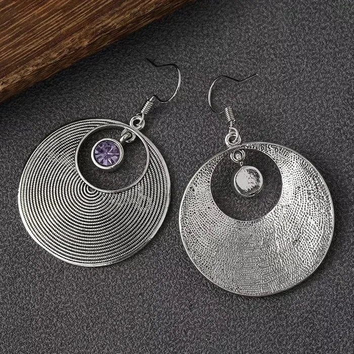 Retro Large Circular Hollow Purple Zinc Alloy Pendant Earrings for Women